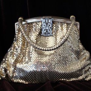 Whiting & Davis Gold Tone Mesh Bag W/Jeweled Lift Lock, Original Comb & Mirror